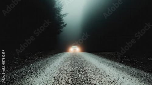 This image features a lone car driving through a fog-shrouded forest, its headlights cutting sharply through the mist, creating an atmosphere of mystery and isolation. photo