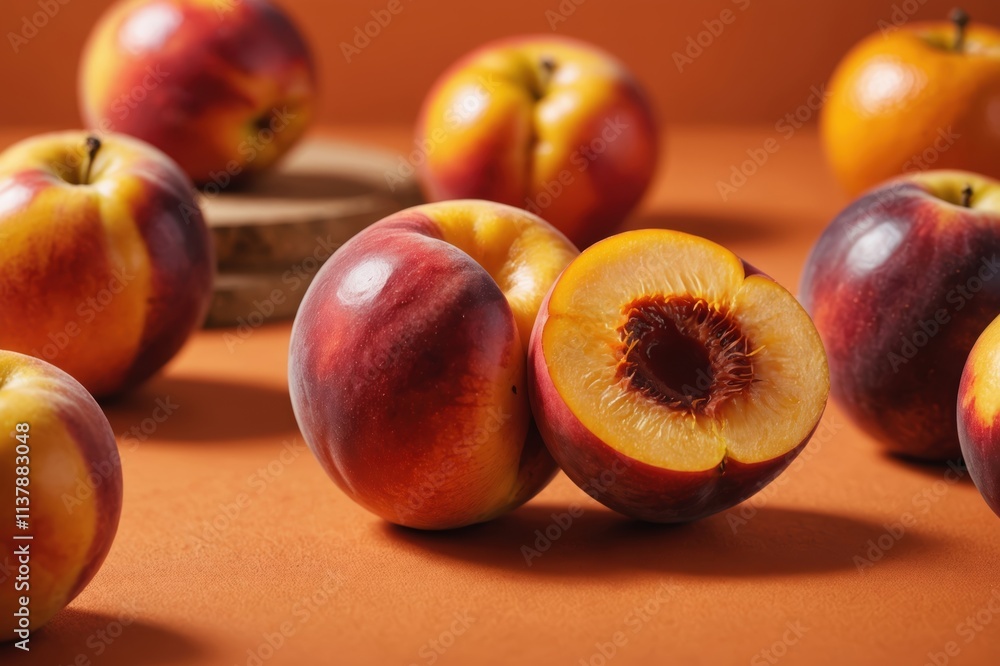© ThomasLENNE - Close view of a nectarine raw ingredient on orange blurred background. Colorful Studio shot, harsh light. © ThomasLENNE - Close view of a nectarine raw ingredient on orange blurred background. Colorful Studio shot, harsh light.