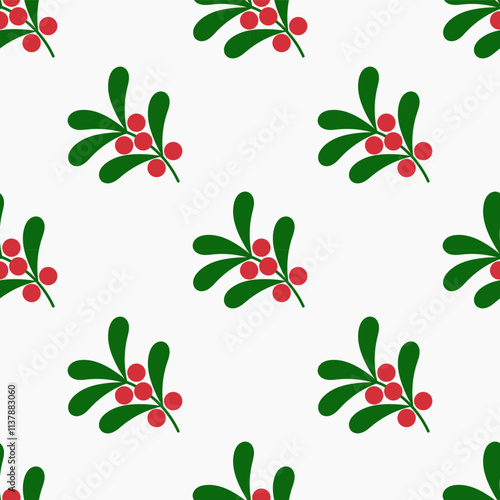 Christmas mistletoe plant symbol seamless pattern. Holly berries wrapping paper design. Vector illustration.