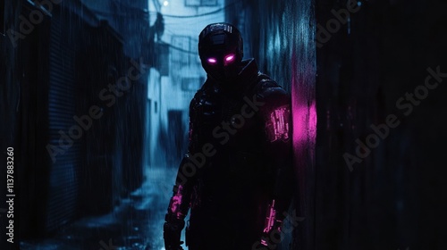 Cyberpunk Warrior in Rain-Soaked Alleyway: Neon Lights and Futuristic Armor in Dark Cityscape