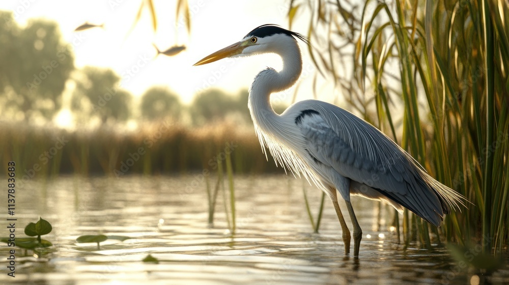 Fototapeta premium ascene of a heron standing in shallow water