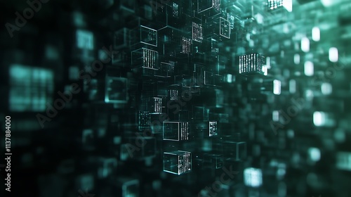 Abstract background with blockchain network and digital cubes floating in a space filled with binary code