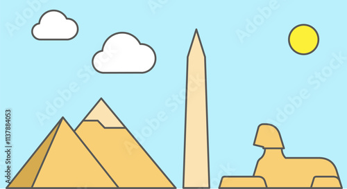 Ancient Egypt, simple illustration. Pyramids, Sphinx and Obelisk. Flat vector illustration isolated on the blue sky.