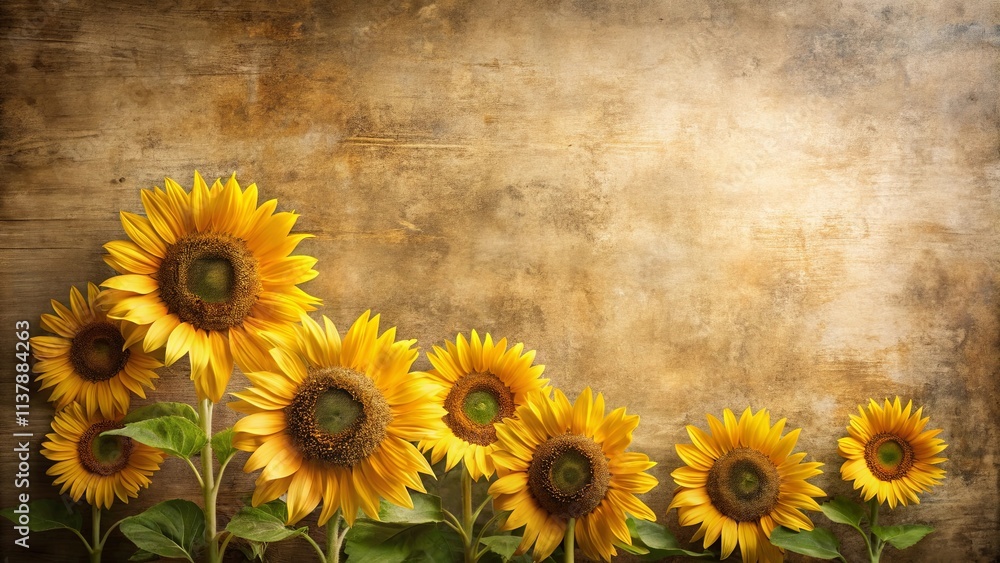 Obraz premium Rustic Autumnal Background Featuring a Row of Vibrant Sunflowers