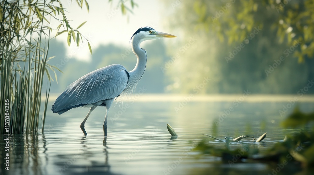 Naklejka premium ascene of a heron standing in shallow water