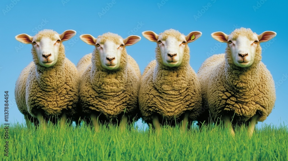 Obraz premium sheep and lamb standing in row grazing in green grass field meadow against clear blue sky