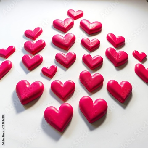 A row of pink hearts are arranged in a triangle shape. The hearts are all the same size and color, and they are placed close together. The arrangement creates a sense of unity and harmony