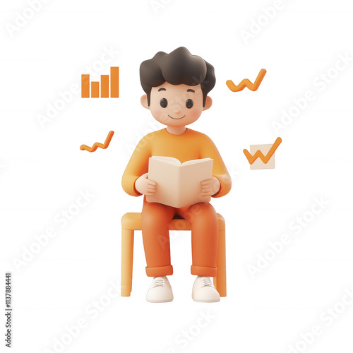 A young person reading a book, analyzing charts, representing growth and knowledge. photo