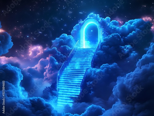 A,glowing,staircase,leading,to,a,luminous,gate,amidst,glowing,sapphire,clouds,, photo