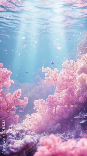 Underwater sea background pink algae and corals sunlight rays photo