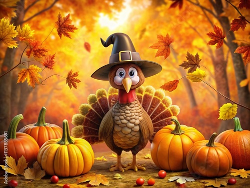 Thanksgiving Cartoon Turkey Illustration - Cute Bird, Funny Pilgrim, Fall Harvest, Holiday Feast photo