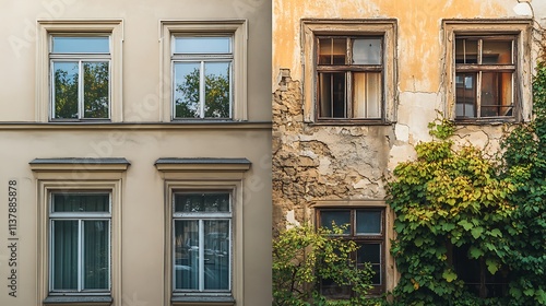 Renovated building facade compared to old dilapidated facade with overgrown ivy photo