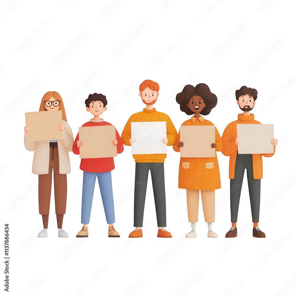 Obraz premium Group of diverse individuals holding blank signs, united for social justice., isolated on a transparent background.