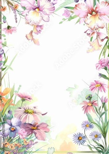 Watercolor frame with flowers on a white background and space for text. Wedding invitation, advertising