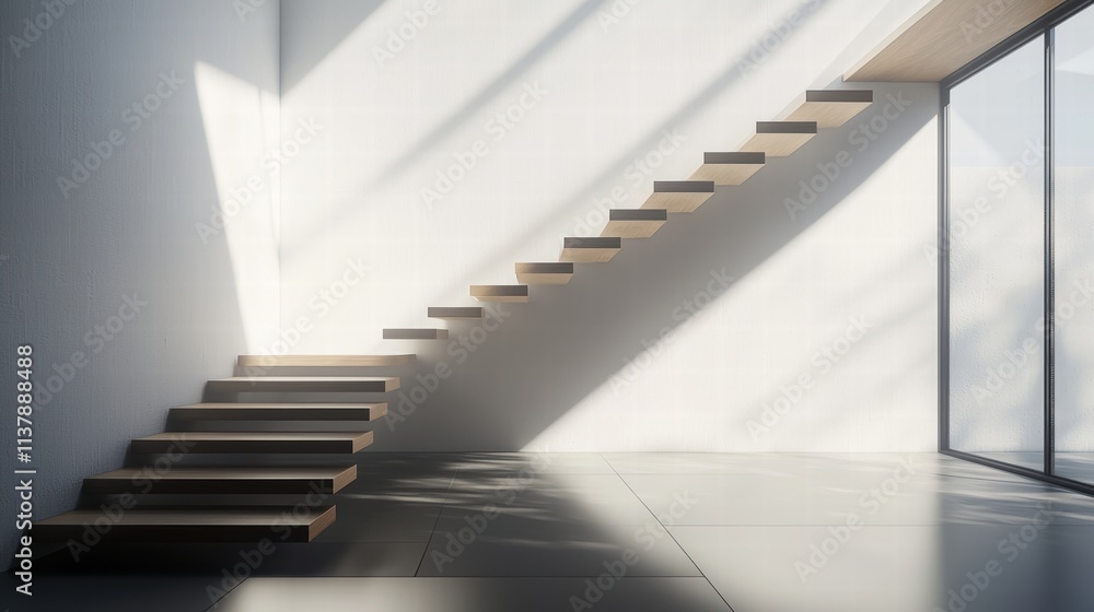Fototapeta premium Sleek modern staircase with floating wood steps and natural light