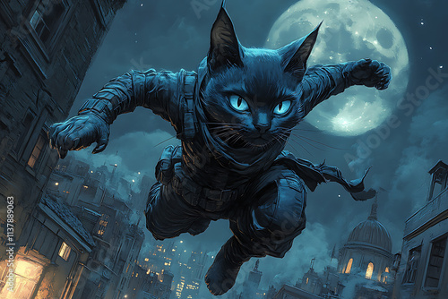 A sleek cartoon cat superhero in a black stealth suit with translucent details, symbolizing grace and stealth. She leaps across rooftops in a moonlit cityscape with a glowing moon and clouds photo