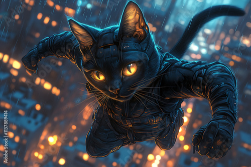 A sleek cartoon cat superhero in a black stealth suit with translucent details, symbolizing grace and stealth. She leaps across rooftops in a moonlit cityscape with a glowing moon and clouds photo