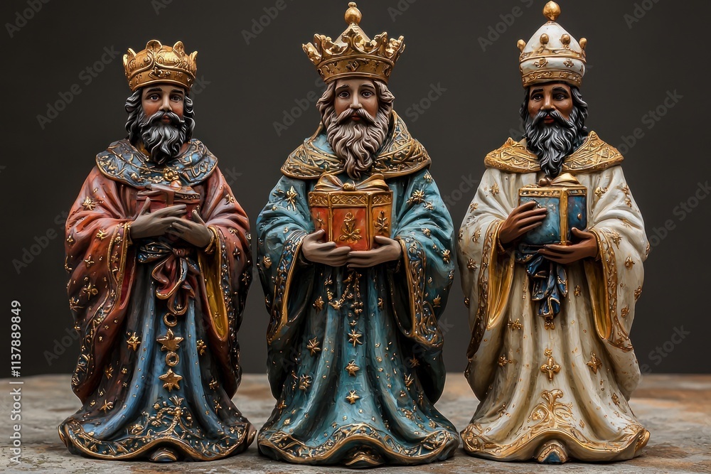 Fototapeta premium Three Wise Men figurines in colorful robes holding gifts, featuring detailed crowns, intricate patterns, and lifelike craftsmanship Generative AI