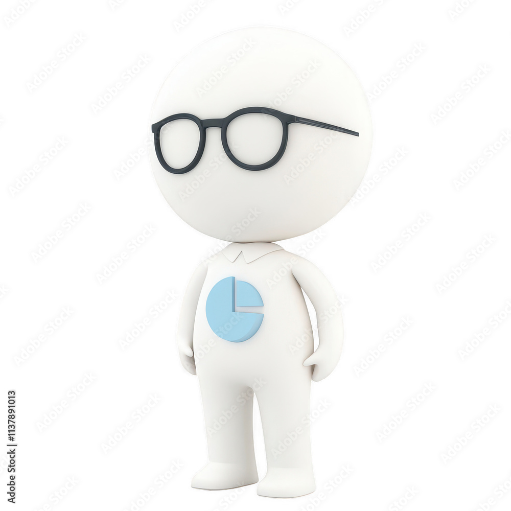 Fototapeta premium A cartoon business character with glasses and a pie chart logo, representing analytics., isolated on a transparent background.