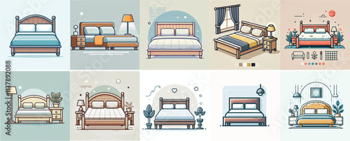 Vector set of a bed with a simple and minimalist flat design style