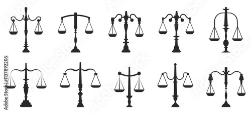 Law scale icon collection. Set of justice scale symbols in black