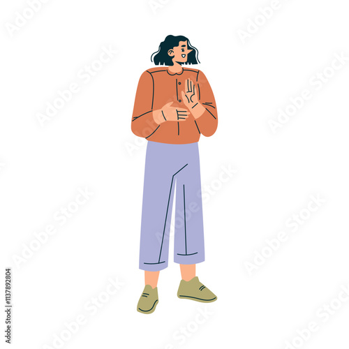 Woman Character Stand Clapping Hand Gesture Vector Illustration