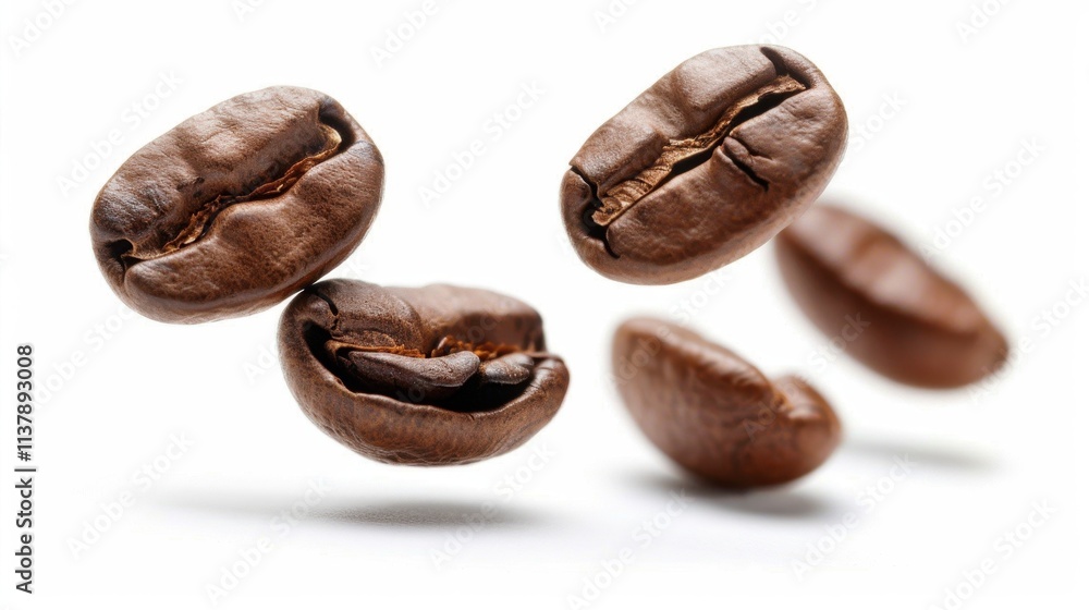 Obraz premium Roasted Coffee Beans Falling Against White Background.