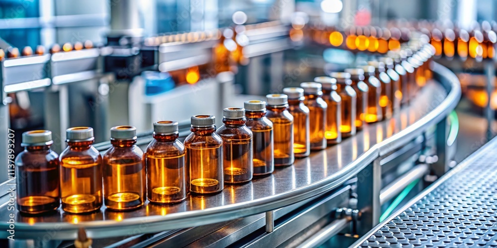 Tilt-Shift Pharmacy: Miniature Conveyor Belt of Medicine Bottles, High-Resolution Pharmaceutical Factory Image Tilt-Shift Pharmacy: Miniature Conveyor Belt of Medicine Bottles, High-Resolution Pharmaceutical Factory Image
