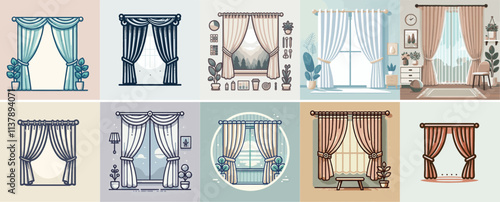 Vector set of curtains with a simple and minimalist flat design style