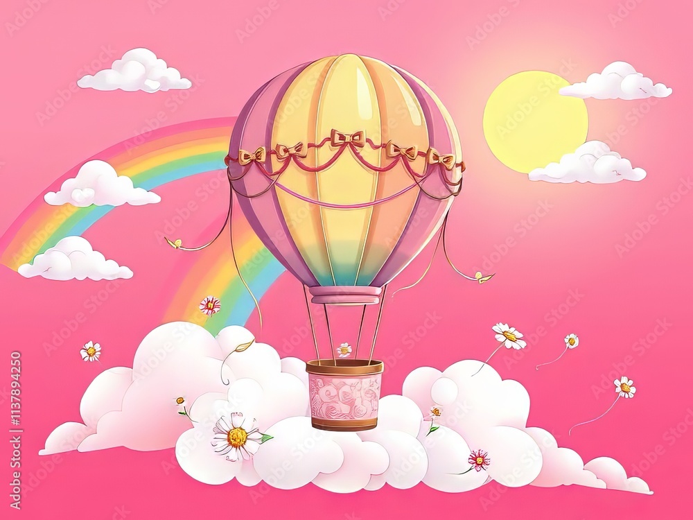 Obraz premium Baby Shower Banner Girl Pink Hot Air Balloon Rainbow Sun Clouds Balloons Flowers - Vector Illustration