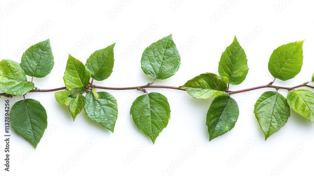 Obraz premium Green Leaves on Branch Isolated on White Background for Design and Nature