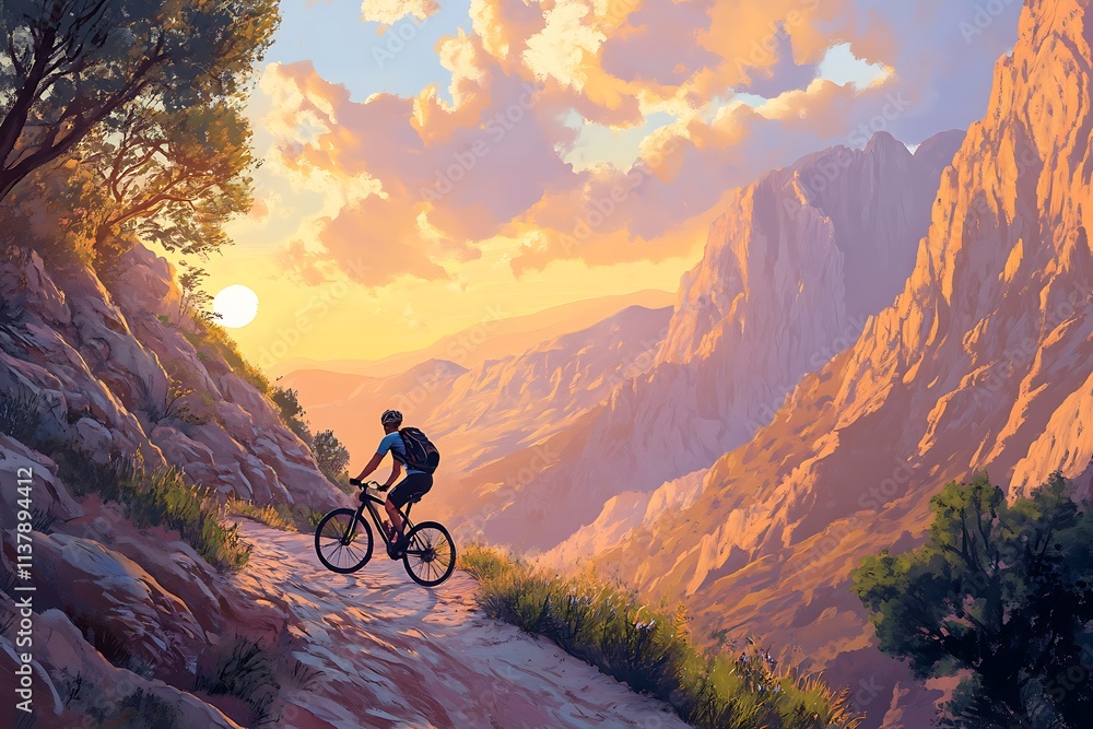 Fototapeta premium Cyclist Exploring a Mountain Trail at Sunrise