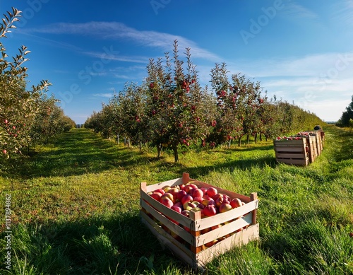 An apple orchard during apple picking season, crates and baskets filled with apples on green grass, a sunny morning with a blue sky, green grass, trees full of apples, and no people.