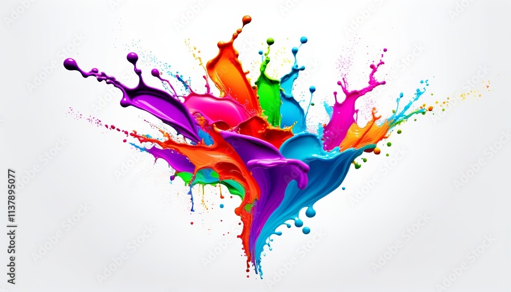 Obraz premium Vibrant splash of colorful paint, bursting across a white background, creating a striking and dynamic design element. Created with generative AI technology
