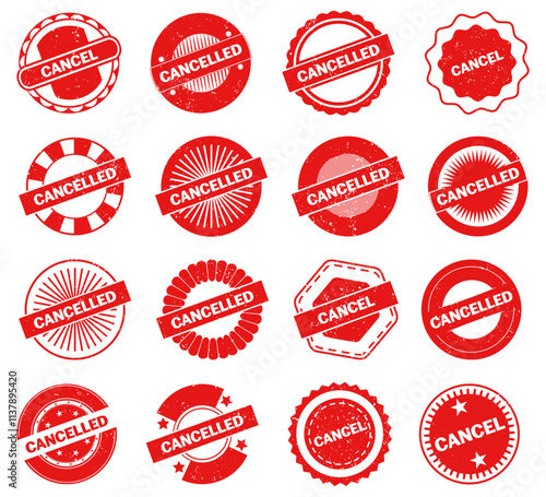 Red cancelled stamp with grunge. Set of cancel badges