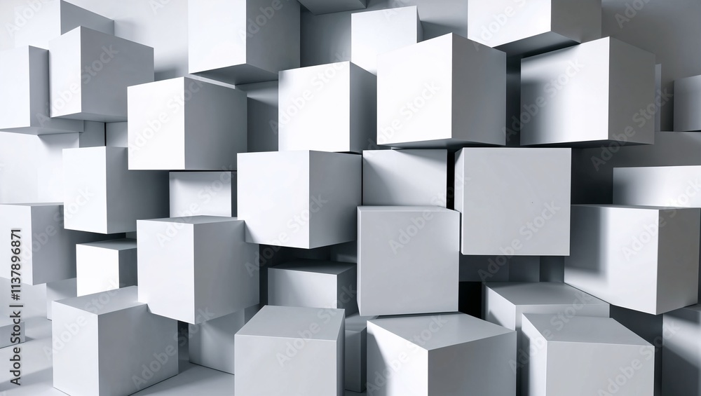 Obraz premium 白いキューブボックスがランダムに配置され、洗練されたデザイン感が特徴の背景デザイン。生成AI