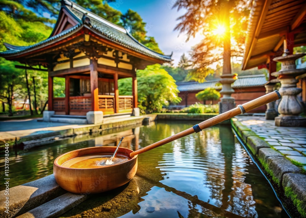 Obraz premium Tranquil Japanese Temple Scene Featuring Wooden Ladle Used for Cleansing Rituals at Shrine, Embodying Serenity and Cultural Heritage of Japan's Spiritual Practices