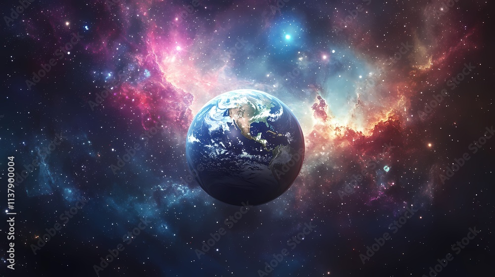 Naklejka premium A stunning view of Earth surrounded by a vibrant cosmic nebula full of stars and swirling colors.