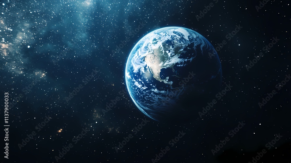 Obraz premium A stunning view of Earth from space, showcasing its vibrant blue oceans and lush green landmasses against a backdrop of stars.