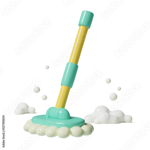 3d Mop Cleaning floor with soap foam and bubbles. Cute realistic vector house cleanup icon isolated on white background.