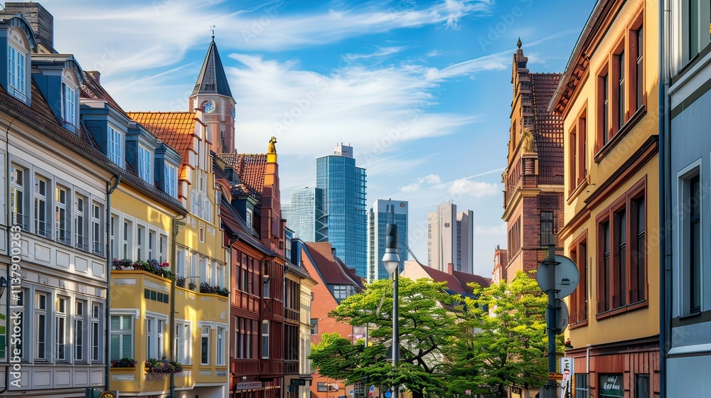 Fototapeta premium A cityscape featuring a blend of modern and historic buildings.