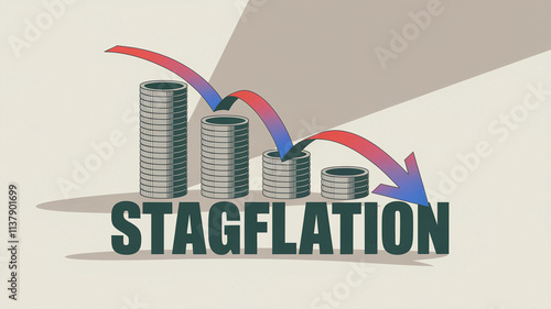 Illustration of stagflation with declining currency stacks and financial arrows  

