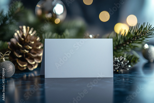 Christmas background with christmas tree and decorations. Christmas card mockup.