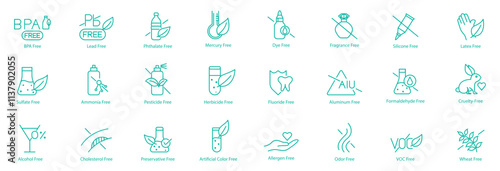 Complete Free-From Icon Set – BPA, Lead, Mercury, Dye, Fragrance, Silicon, Latex, Sulfate, Ammonia, Pesticides, Herbicide, Fluoride, Aluminum, Formaldehyde, Cruelty, Alcohol, Cholesterol 