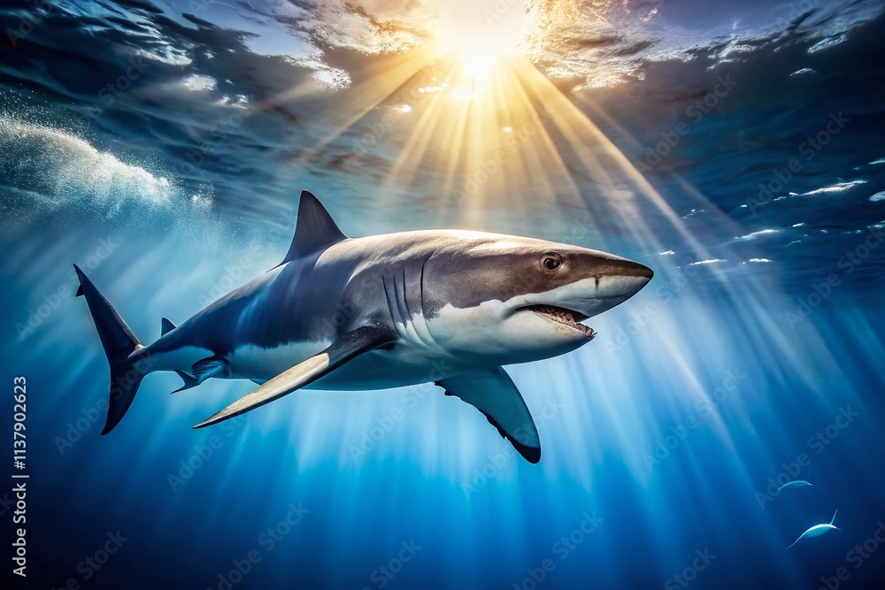 Obraz premium Underwater Shark Photo: Majestic Ocean Predator, Deep Sea Wildlife, Marine Life, Shark Photography, Ocean Scene, Aquatic Animal, Underwater World, Shark Image, Sea Creature, Wildlife Photography