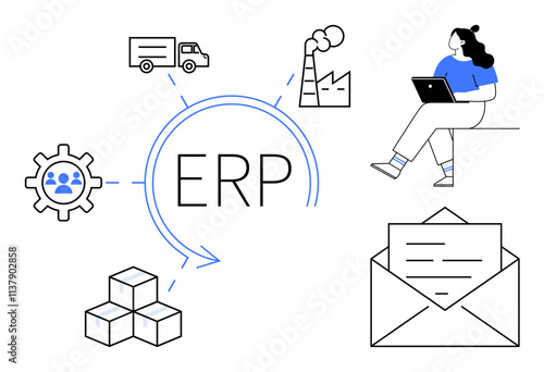 ERP central in circle, surrounded by logistics truck, factory, email, human resources gear, siting woman with laptop, and packages. Ideal for business operations, logistics, communication, HR, supply