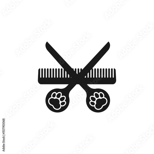 Dog grooming logo design template. Dog paw print with comb and scissors. Vector isolated illustration on white background.