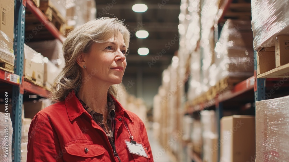 Obraz premium Woman in Red Jacket Observing Warehouse Shelves Full of Boxes