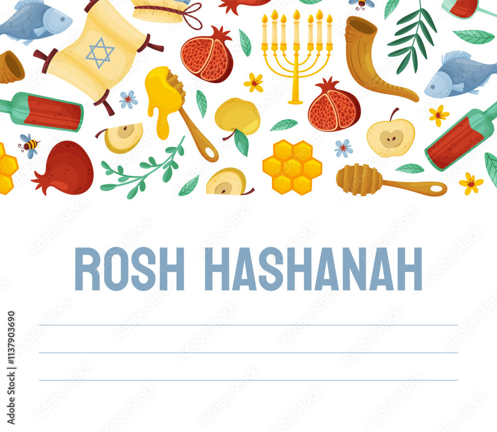 Fototapeta premium Shana Tova Banner Design with Symbols of Jewish Holiday Vector Template