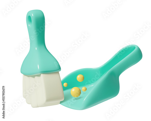 Broom and dustpan sweeping dirt 3d icon. House and floor cleaning concept cute three dimensional vector illustration on white background.